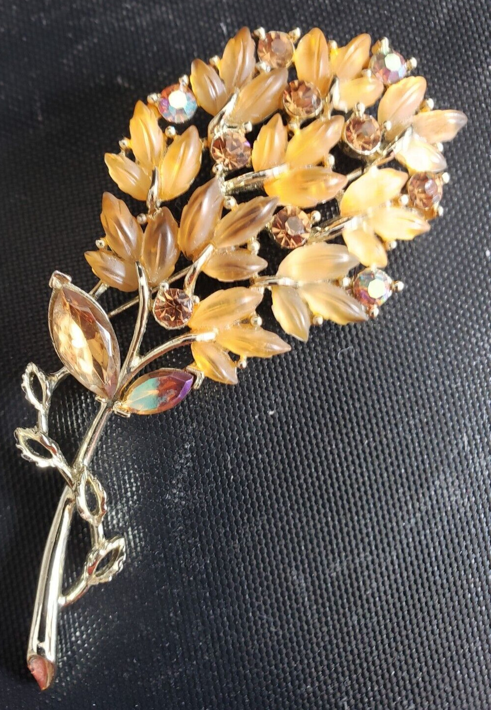 Vintage Lisner Peach Molded Leaves AB & Taupe Rhinestones Gold Tone Brooch