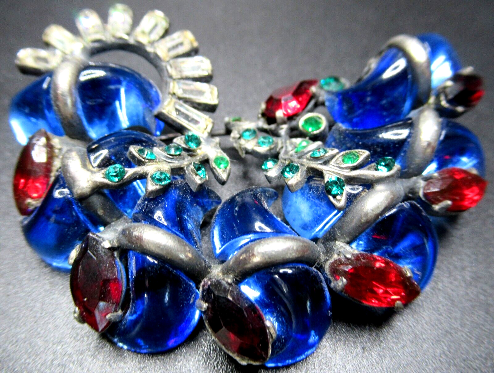 Amazing FRENCH Mogul Red Blue Green RARE S Shaped Vintage Pin Brooch