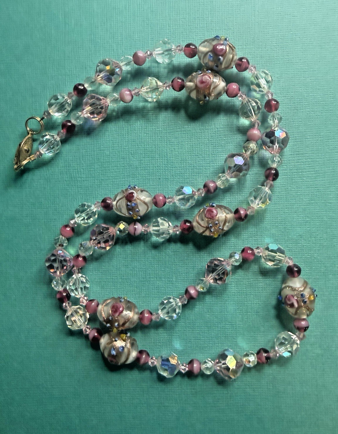 Vintage Venetian Wedding Cake Pink Glass Faceted Crystal Beads Long 31″ Necklace