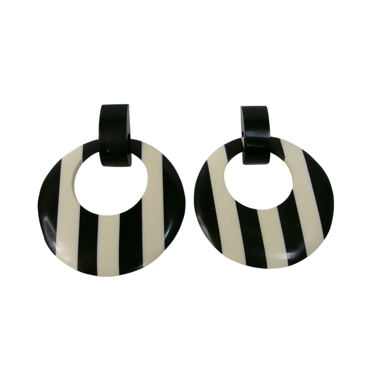 Large Vintage Black & Off White Striped Resin Pierced Earrings