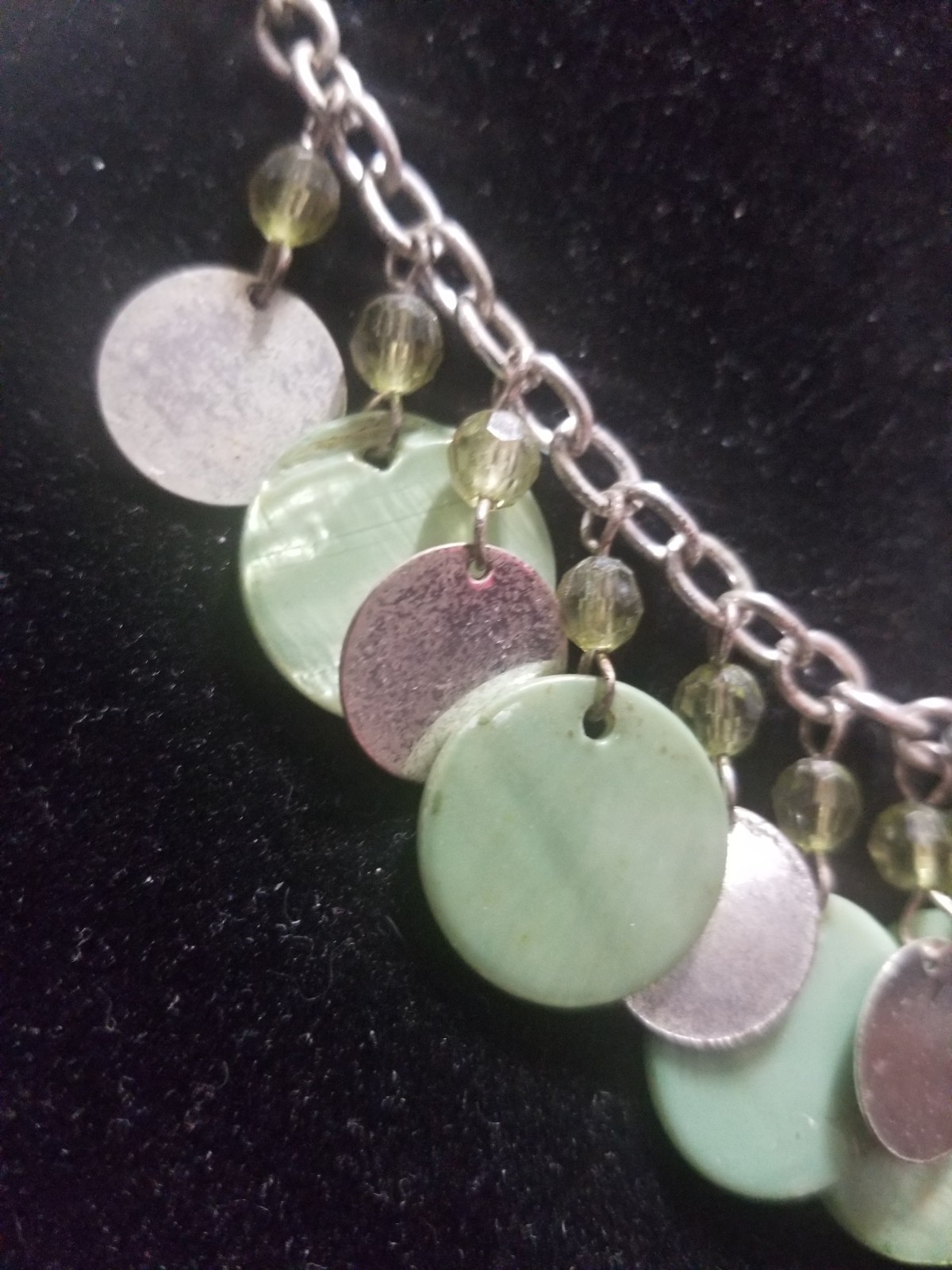 Vintage Necklace & Earrings Set Silvertone With Green Shells And Beads 18 Inches