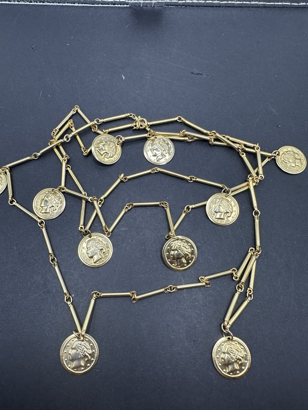 Vintage Necklace Chain Station Coin Charm Dangle Bar Link Goldtone 54”