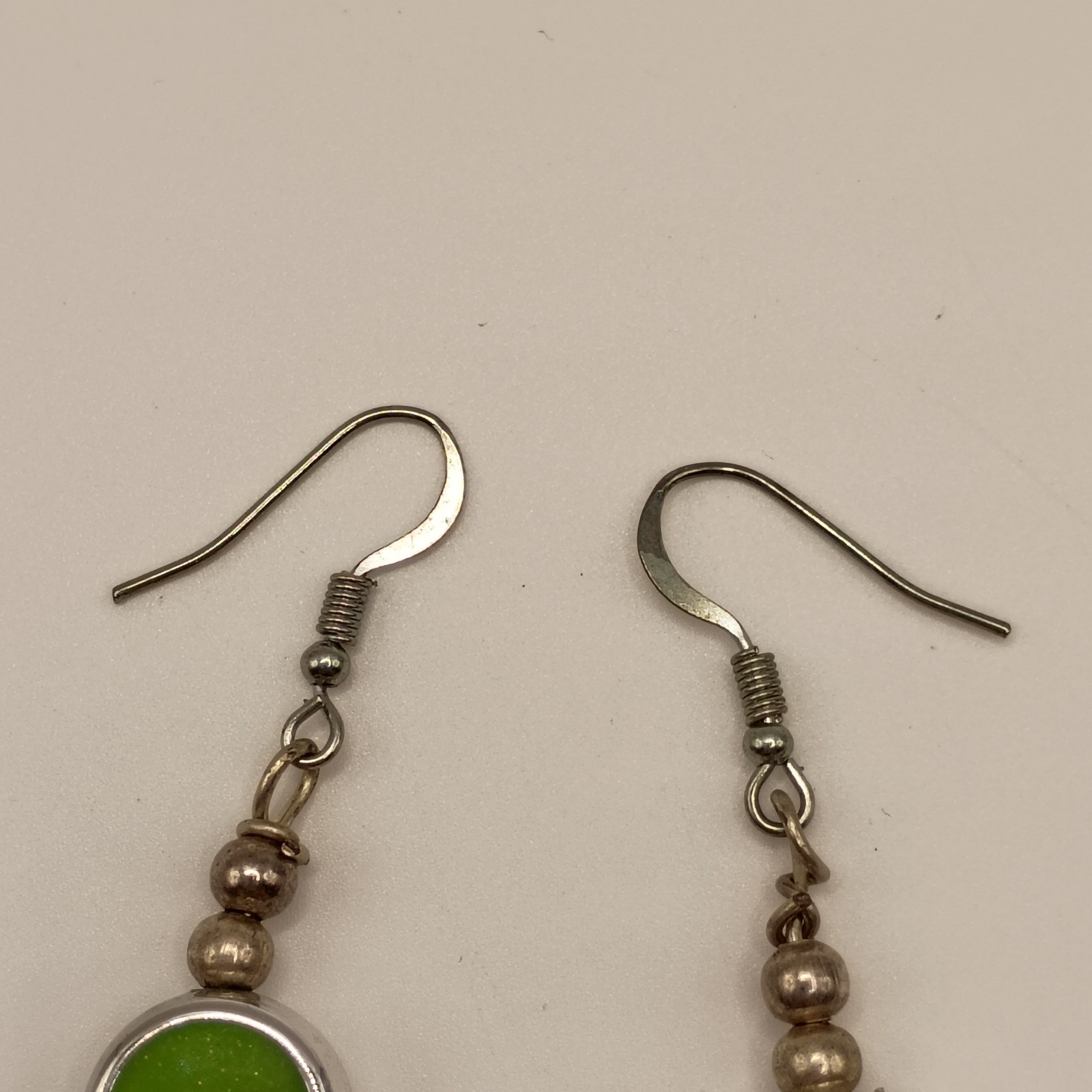 Vintage Retro Pop Art Lime Green Enamel Glitter Clover Dangle Earrings Silver