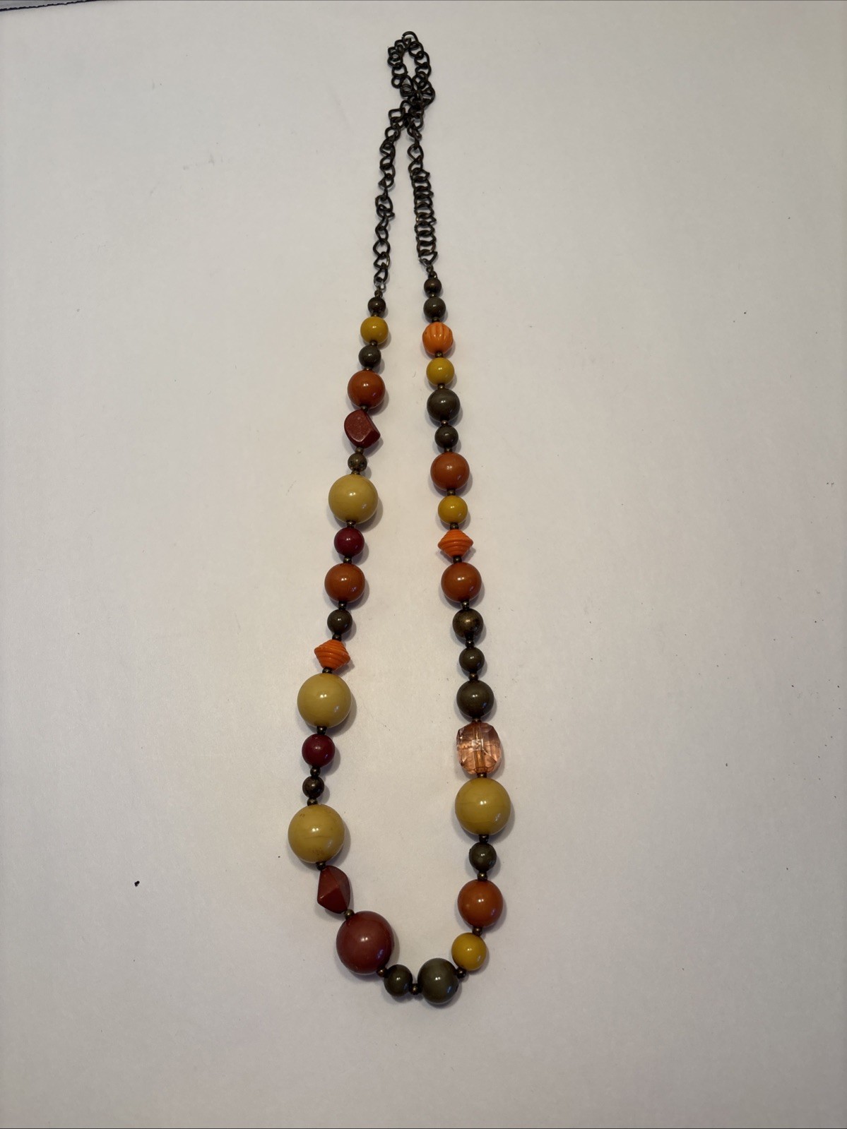 Vintage 70’s Boho Hippie Long Wooden Beads And Lucite Bead Necklace Earth Tones