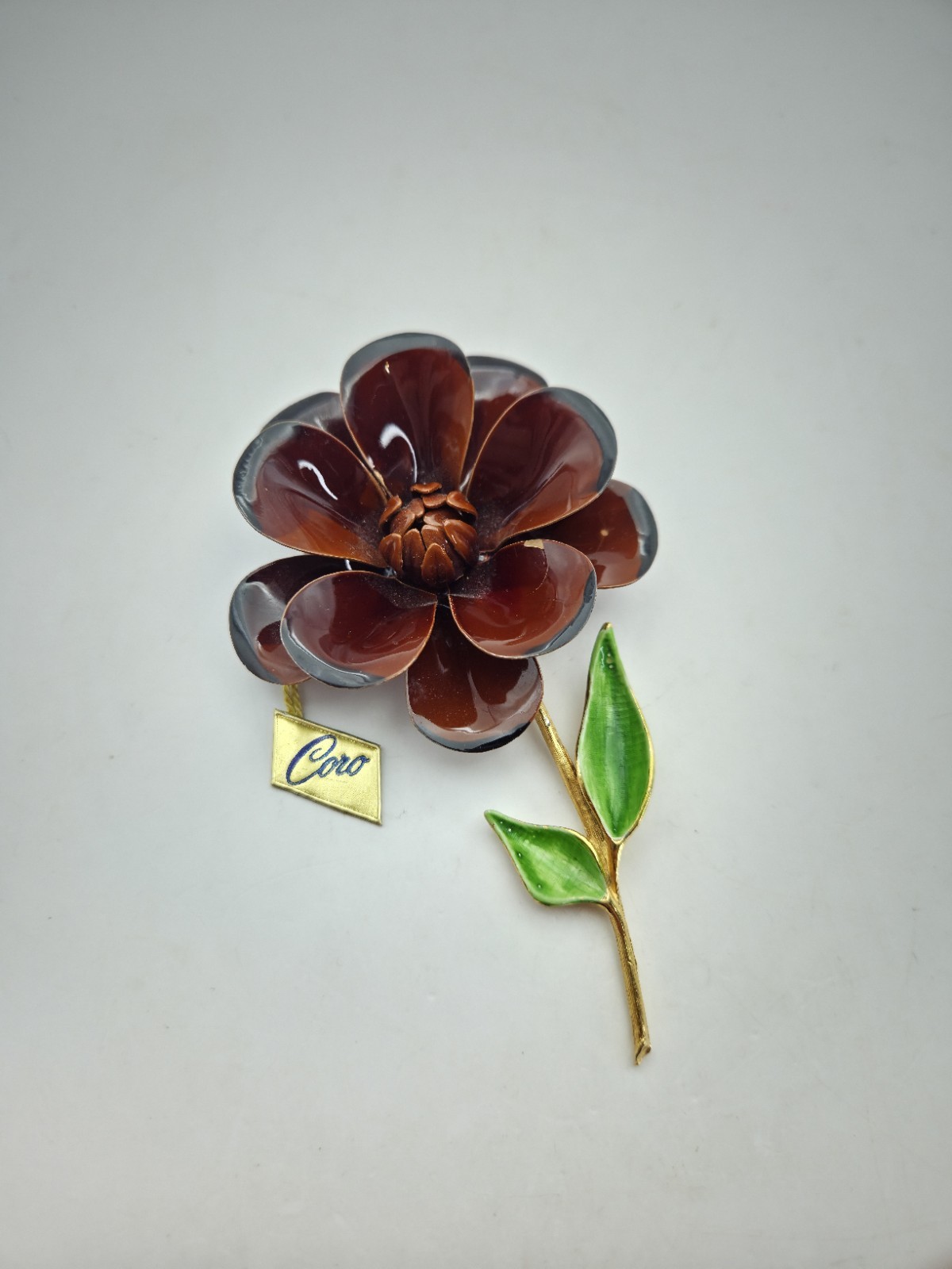 Coro Enamel Flower Brooch Brown Stem Mid Mod Pin 4″ 60s Style Floral Vintage