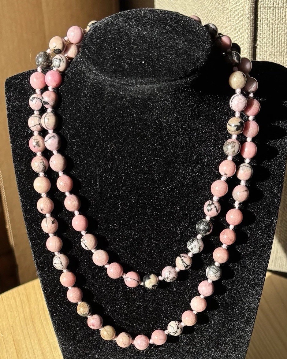 Vintage Pink/Black Rhodonite 8mm Beaded 30” Necklace Hand Knotted Silk No Clasp