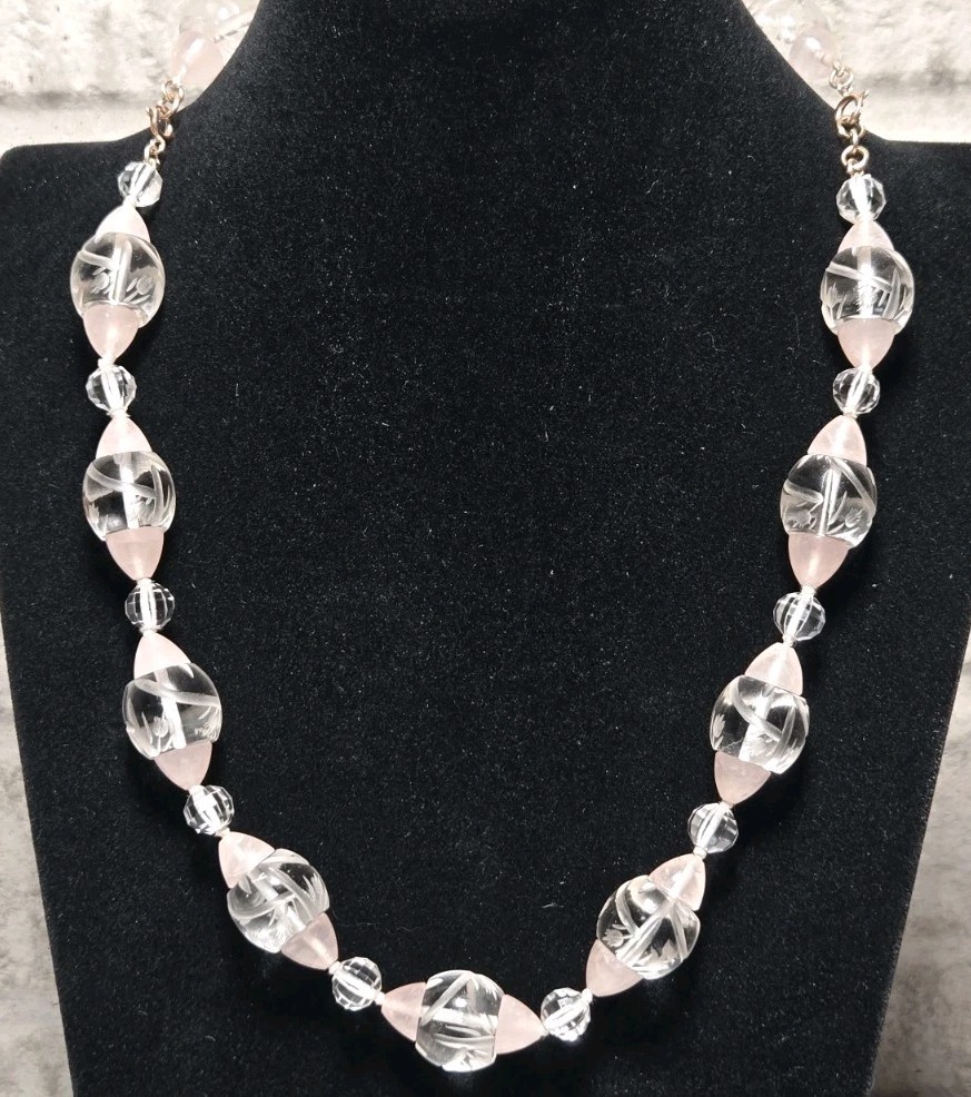 Rare Vintage Necklace Carved Rock Crystal & Pink Quartz 14K Floral Tulip Etched