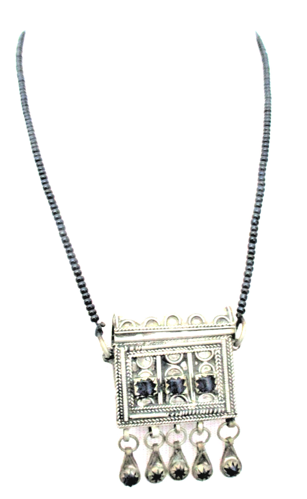 Vintage prayer necklace, blue stones and dangling decorative elements, 22 inches