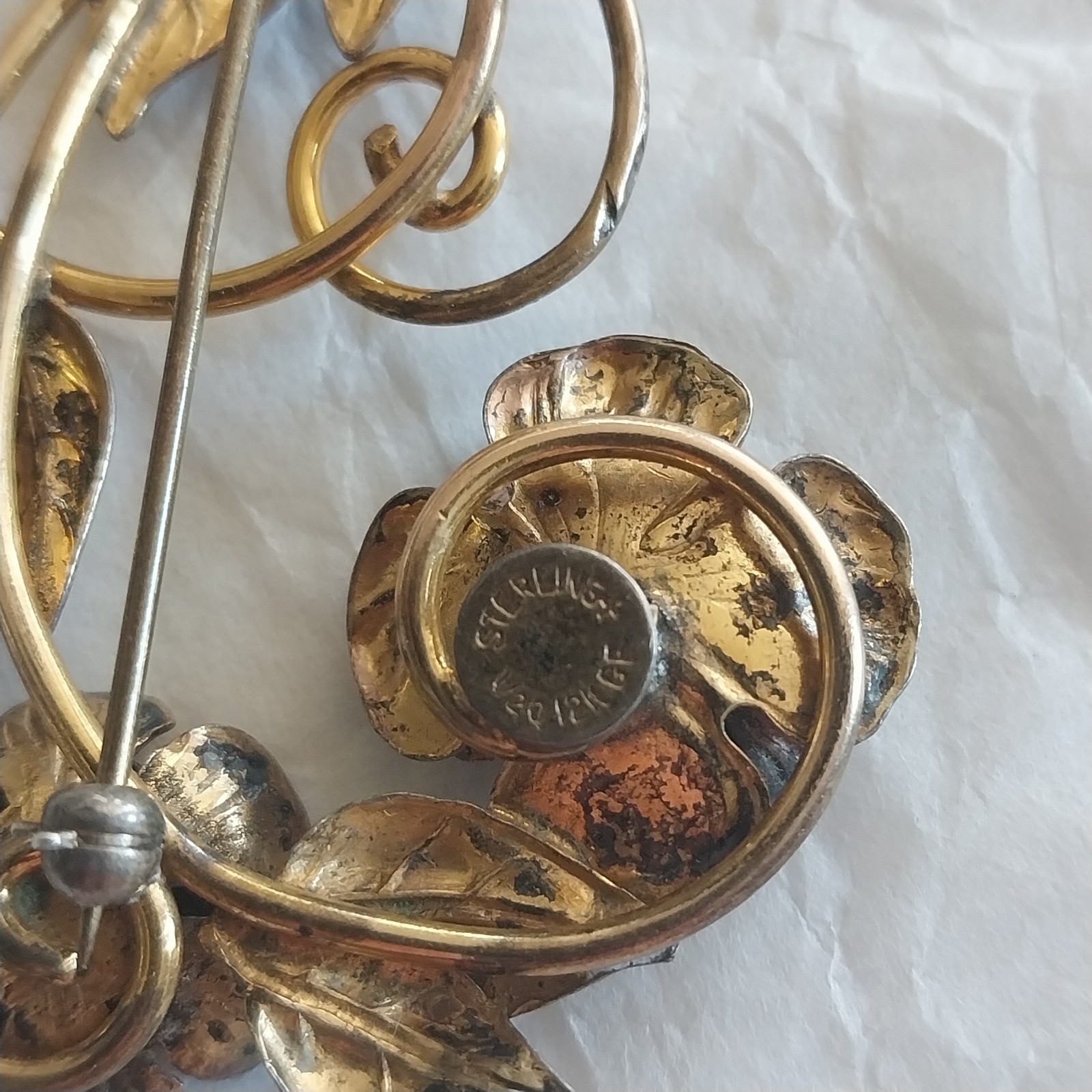 Vtg 1/20 12K GF Gold Filled over Sterling Silver Flower Brooch Pin 2-1/4″