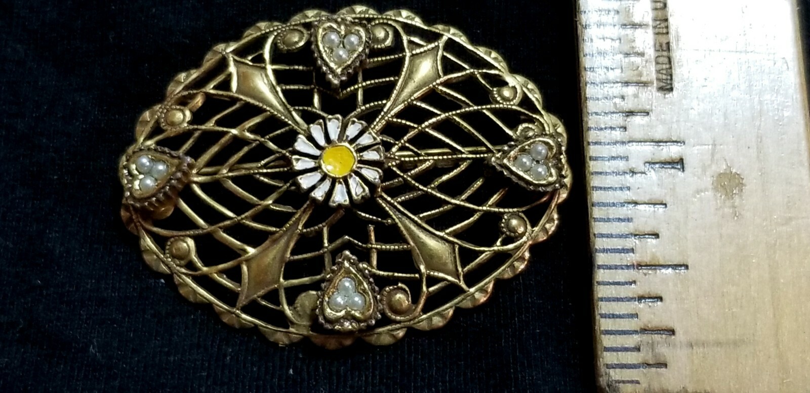 Vtg LOT OF 4 Costume Brooches SHIP DAISY HEART Rhinestones Enamel EUC FAB A8
