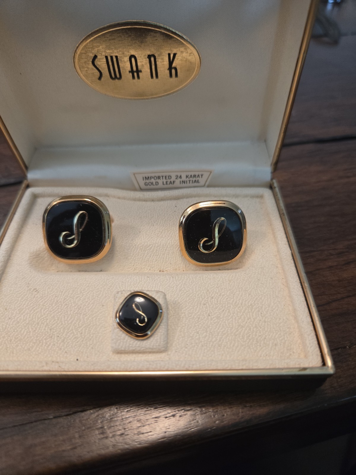 Swank Tie Clip and Cuff Links Set Gold with Black Vintage