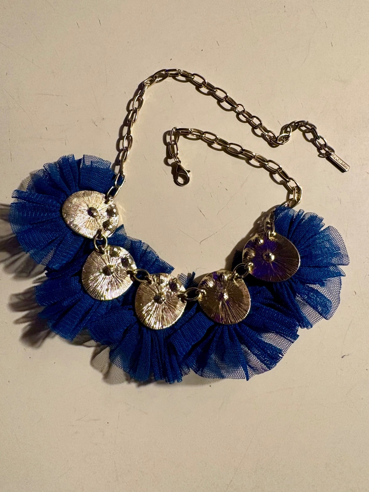 SUGARFIX BLUE Tutu Lace Flowers & Rhinestone Ballerina Necklace Gold Tone