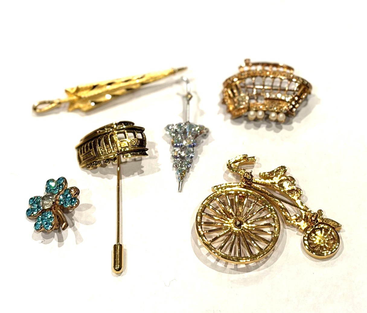 UNICYCLE SPINNER SAN FRAN TROLLEY CAR RHINESTONE UMBRELLA Vintage Brooch LOT 5