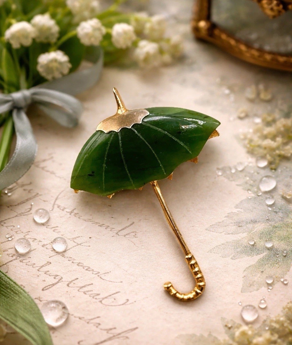 Vintage Jade Umbrella Brooch Carved Green Stone Figural Gold Asian Style Pin 60s