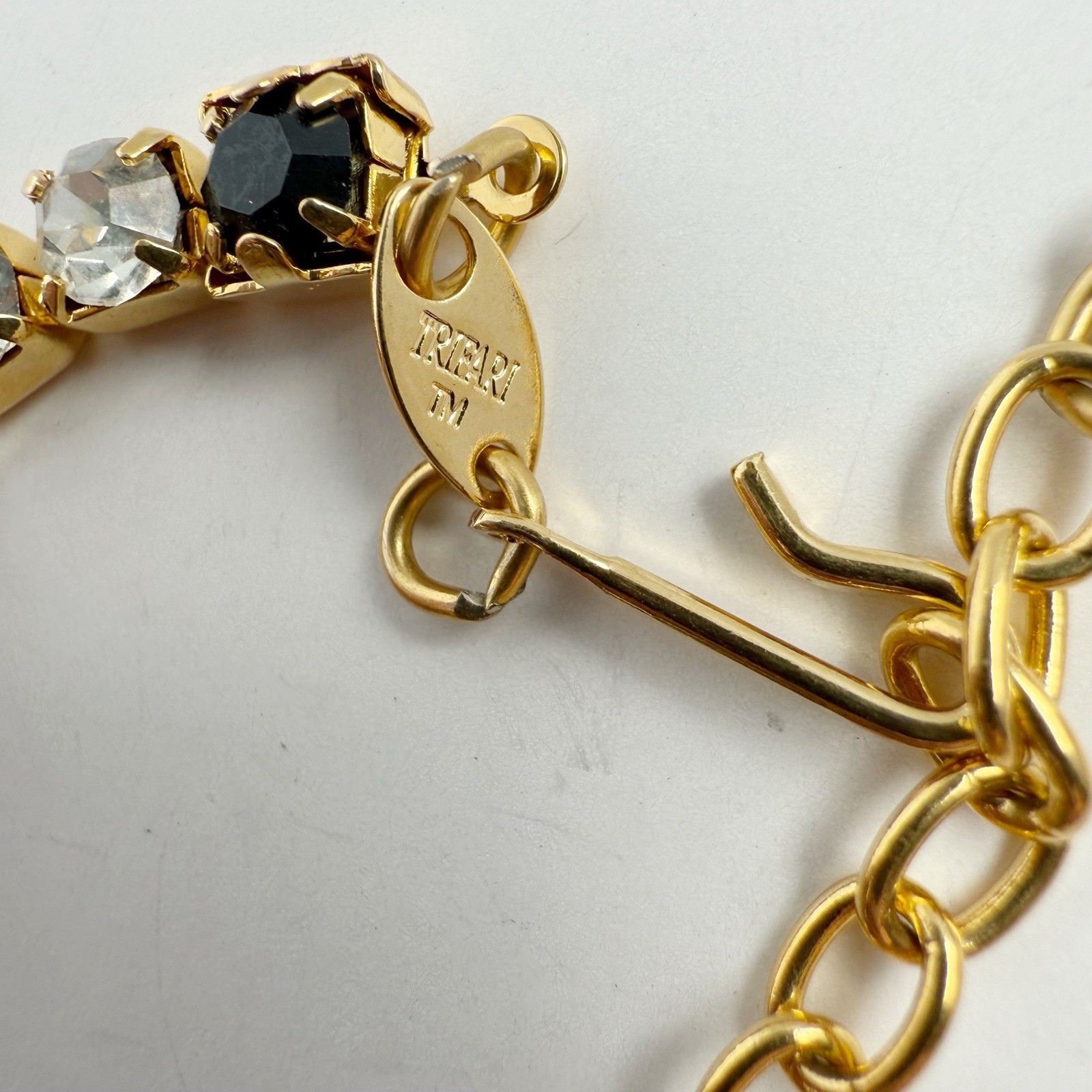 Vintage Trifari Black & Clear Rhinestone Tennis Choker Necklace Goldtone