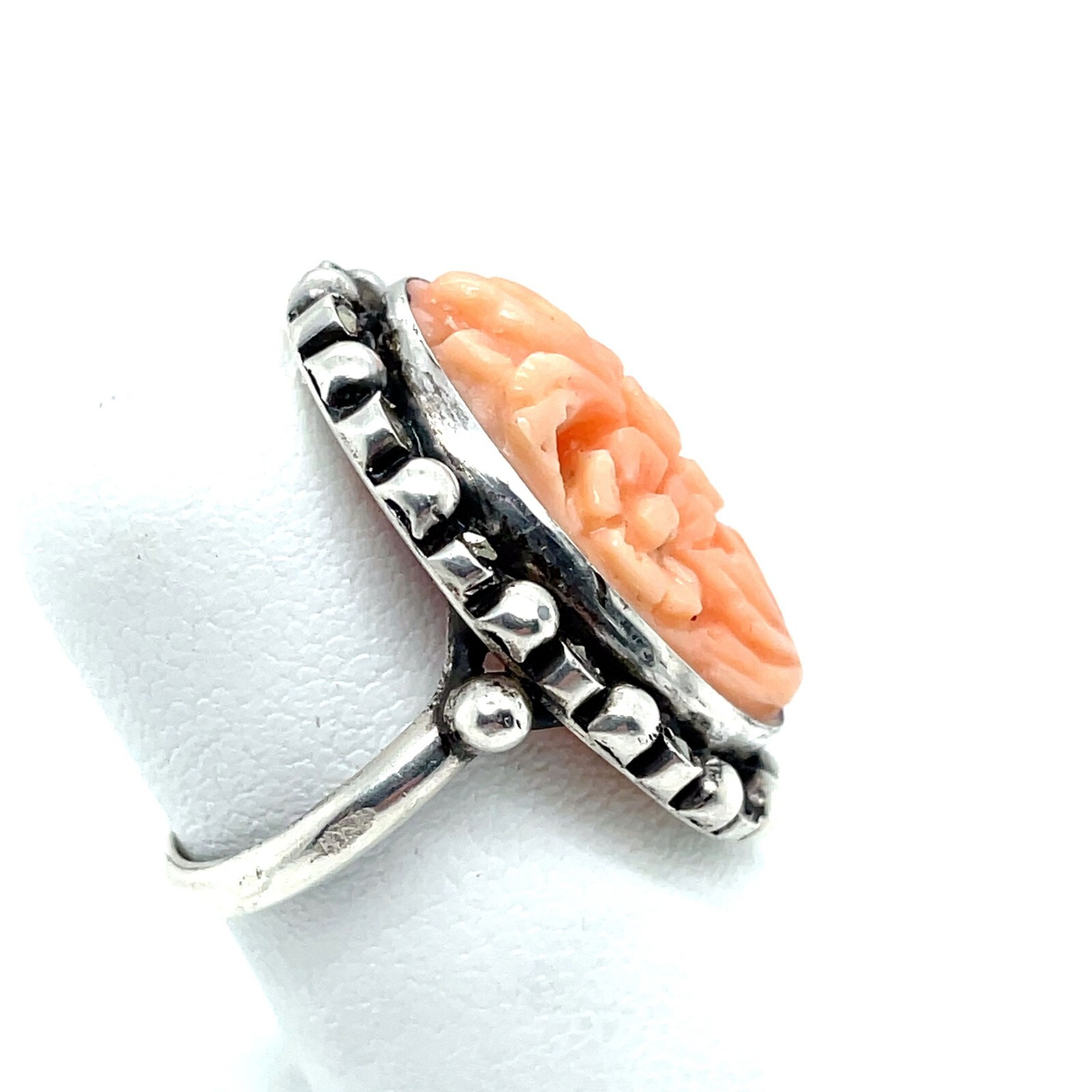 800 Silver Carved Coral and Marcasite Ring – Size 6