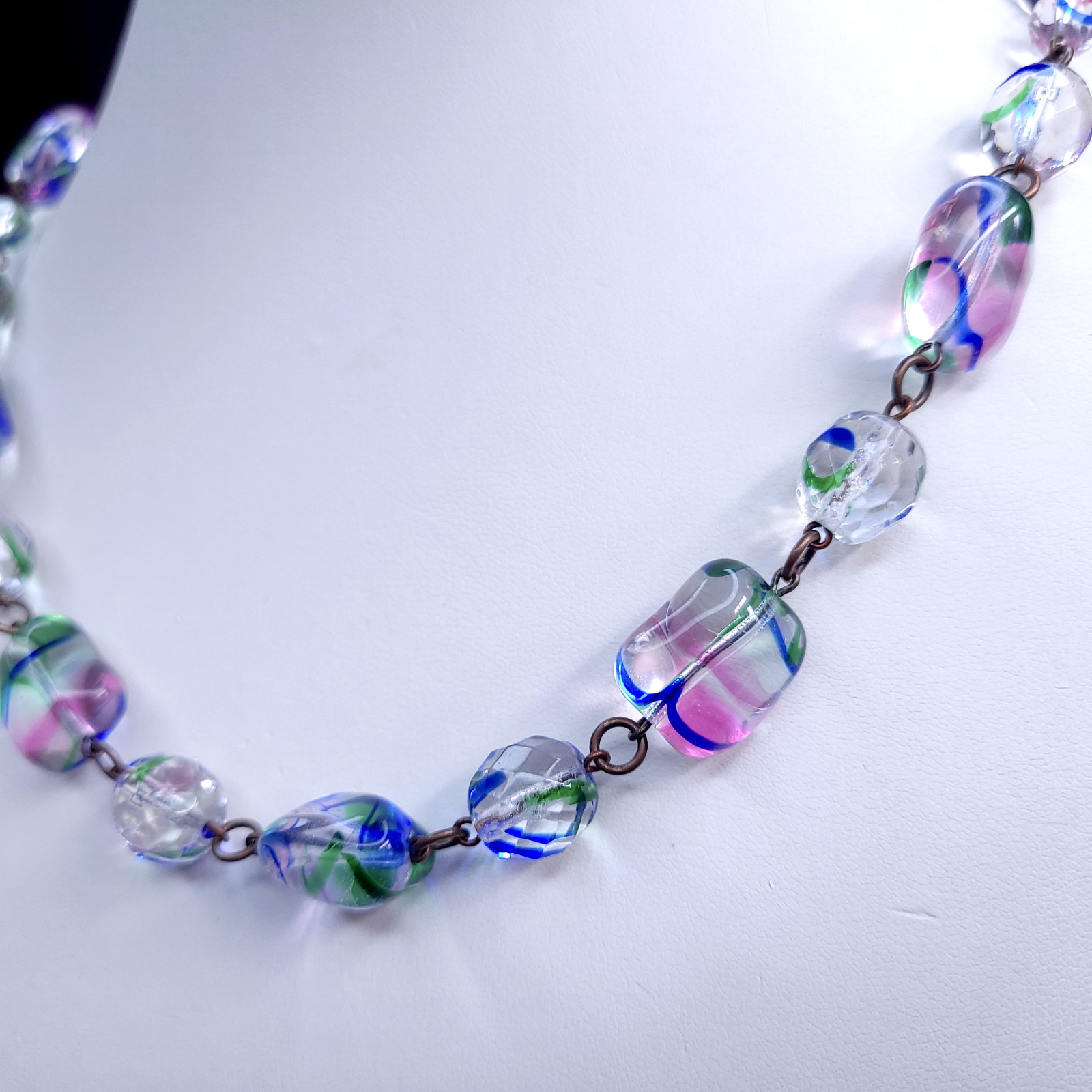 Art Deco Style Iris Glass Necklace 22inch Multicolor Glass Czech Old Beads