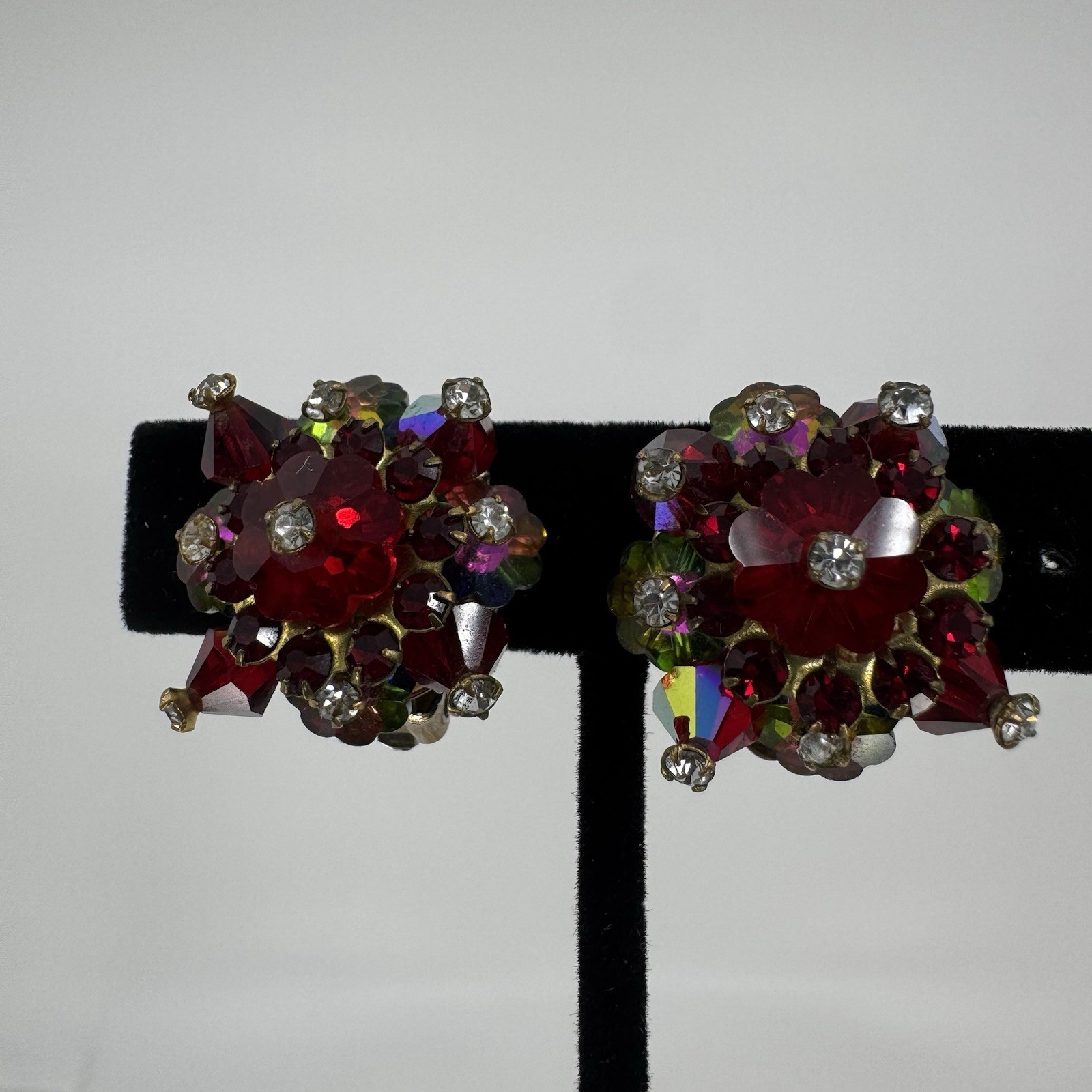 Vintage AB Red & Watermelon Rhinestone & Crystal Beaded Clip On Earrings