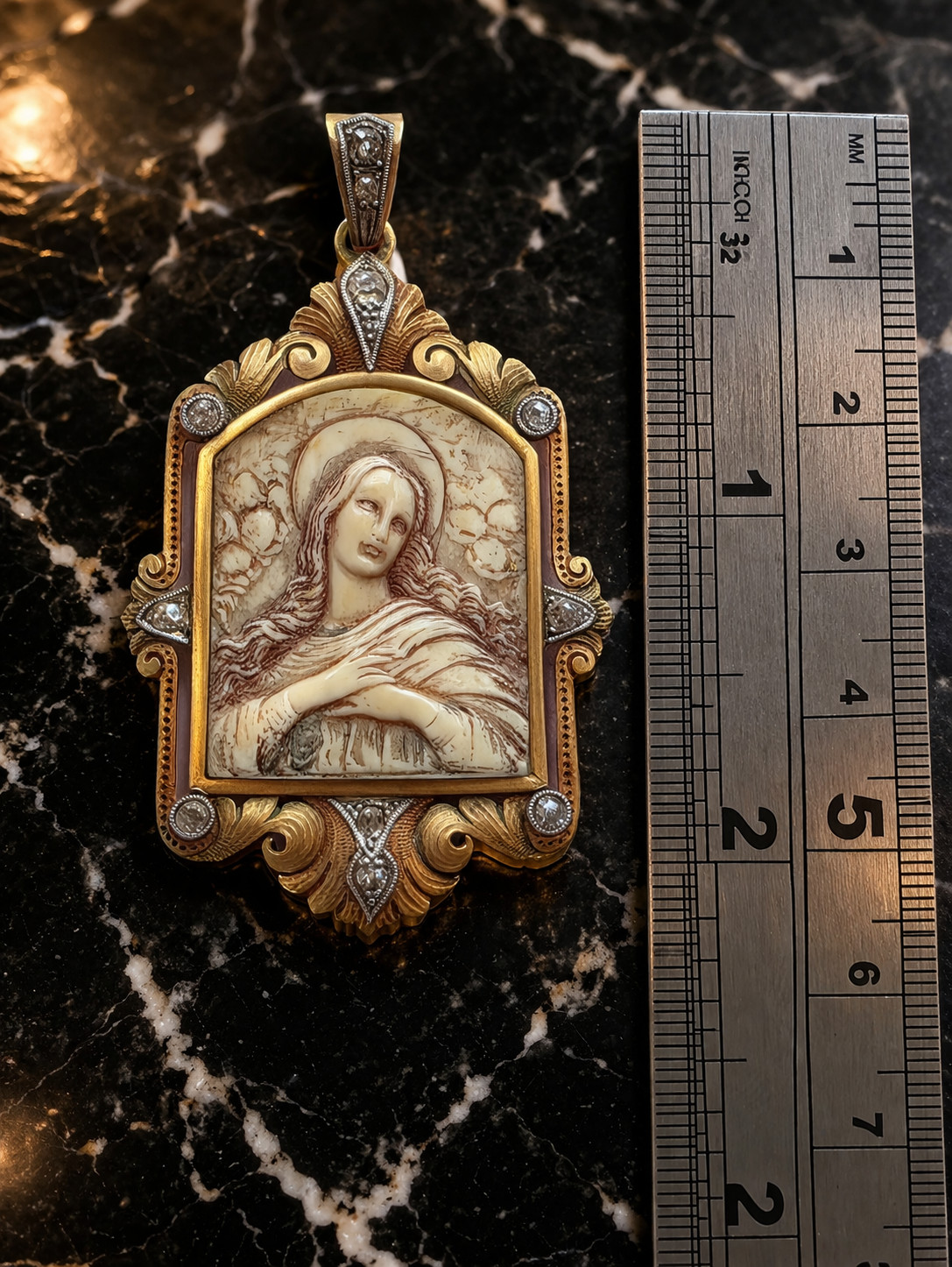 Antique 18K Gold Virgin Mary Pendant w/ 11 Diamonds Victorian Religious Rare XIX