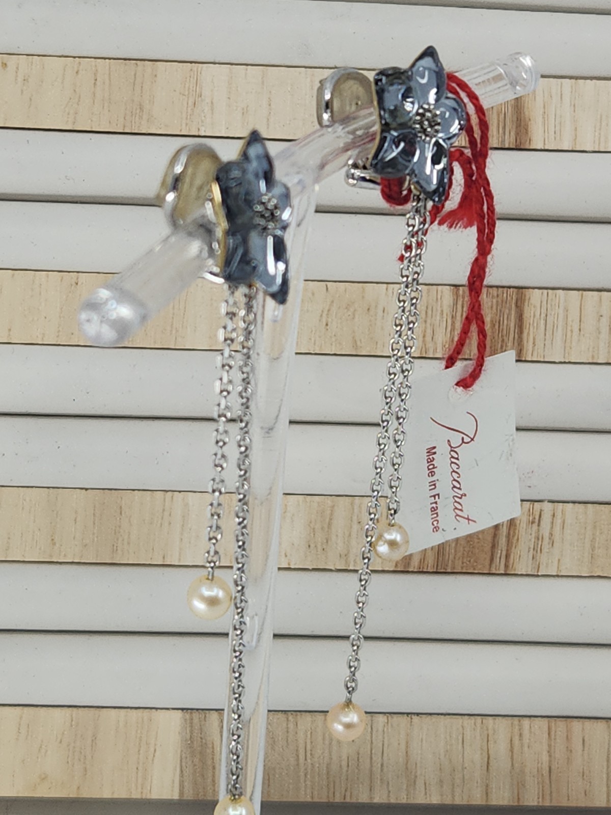 Authentic Baccarat France Crystal Flower Pearl Chain Dangle Clip Earrings 925