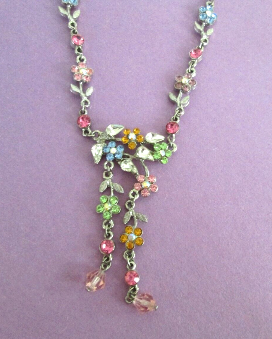 Pastel Crystal Flowers Dangle Drop Collar Necklace 15” Cottagecore Garden