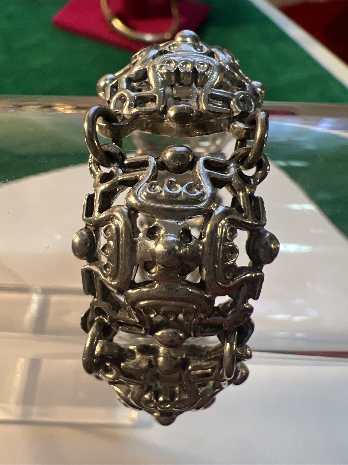 Vtg Antique Art Nouveau Panel Link Bracelet Silvertone Cast 7” Hook Clasp