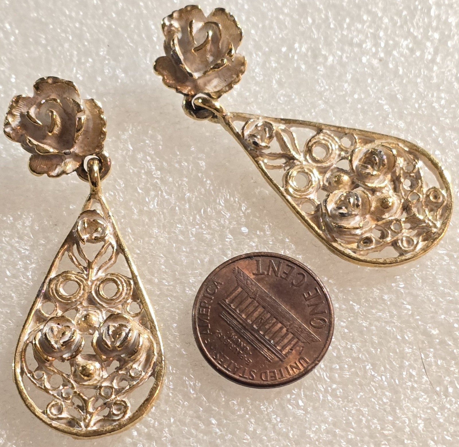 Vintage White Enamel Roses Cannetille Etruscan style Drop Pierced Earrings