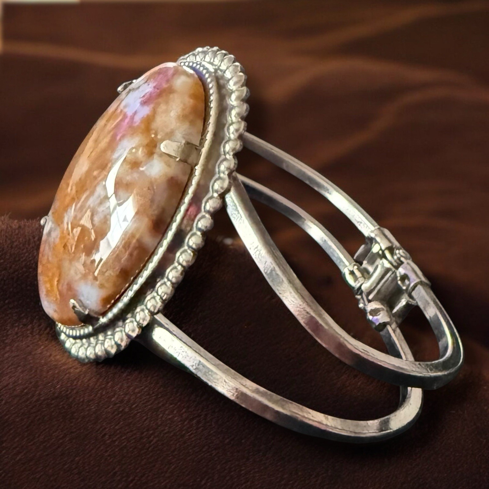 Silver Tone Agate Cuff Bracelet Vintage Blaze Orange Stone Small Wrist 5 Inches