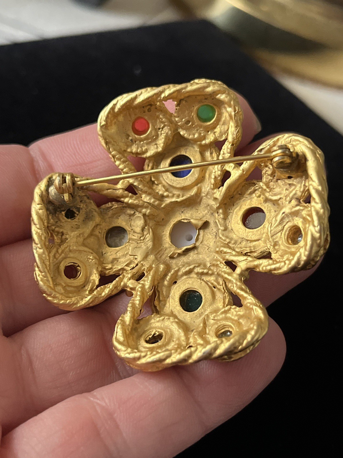 Vintage Maltese Cross Brooch Gripoix Style Gold Glass Cabochon Sphinx HAR