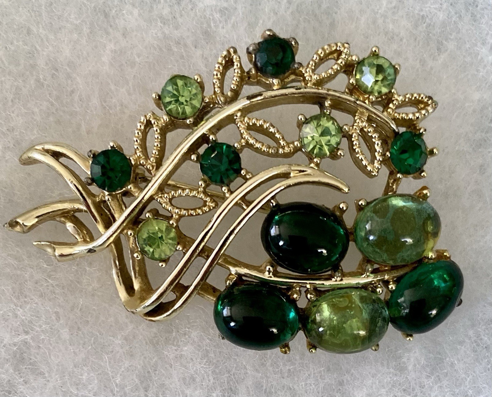 Vintage Uranium Glass Brooch Lime Green Rhinestones With Cabochons Signed Coro