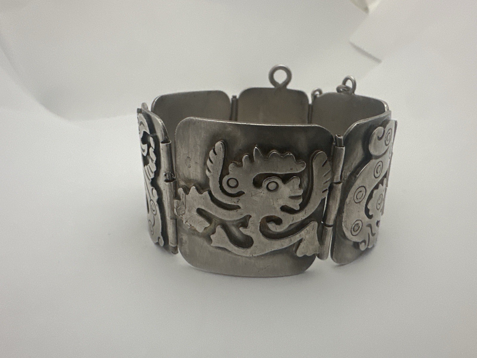 Vintage Early Taxco Mexico 980 Silver Panel Aztec Mayan Bracelet, 89 Grams