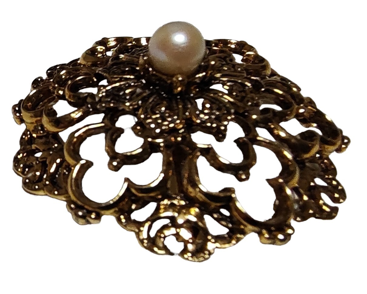 Tacoa Brooch Pin Faux Pearl Floral Filigree Gold Tone Raised Relief Vintage