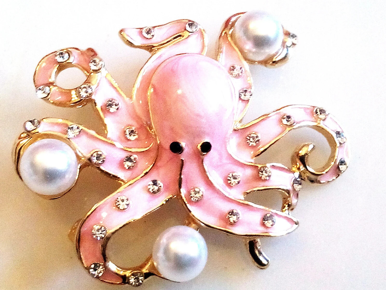 ENAMELED OCTOPUS BROOCH/PENDANT! Pink Enameled, Clear Crystals, Imitation Pearls
