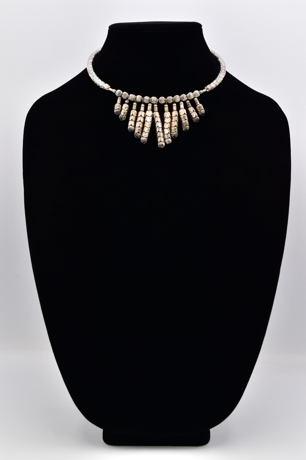 Vintage Silver Choker Fringe Statement Necklace Tribal Dangle Bib 1970s Bin3B