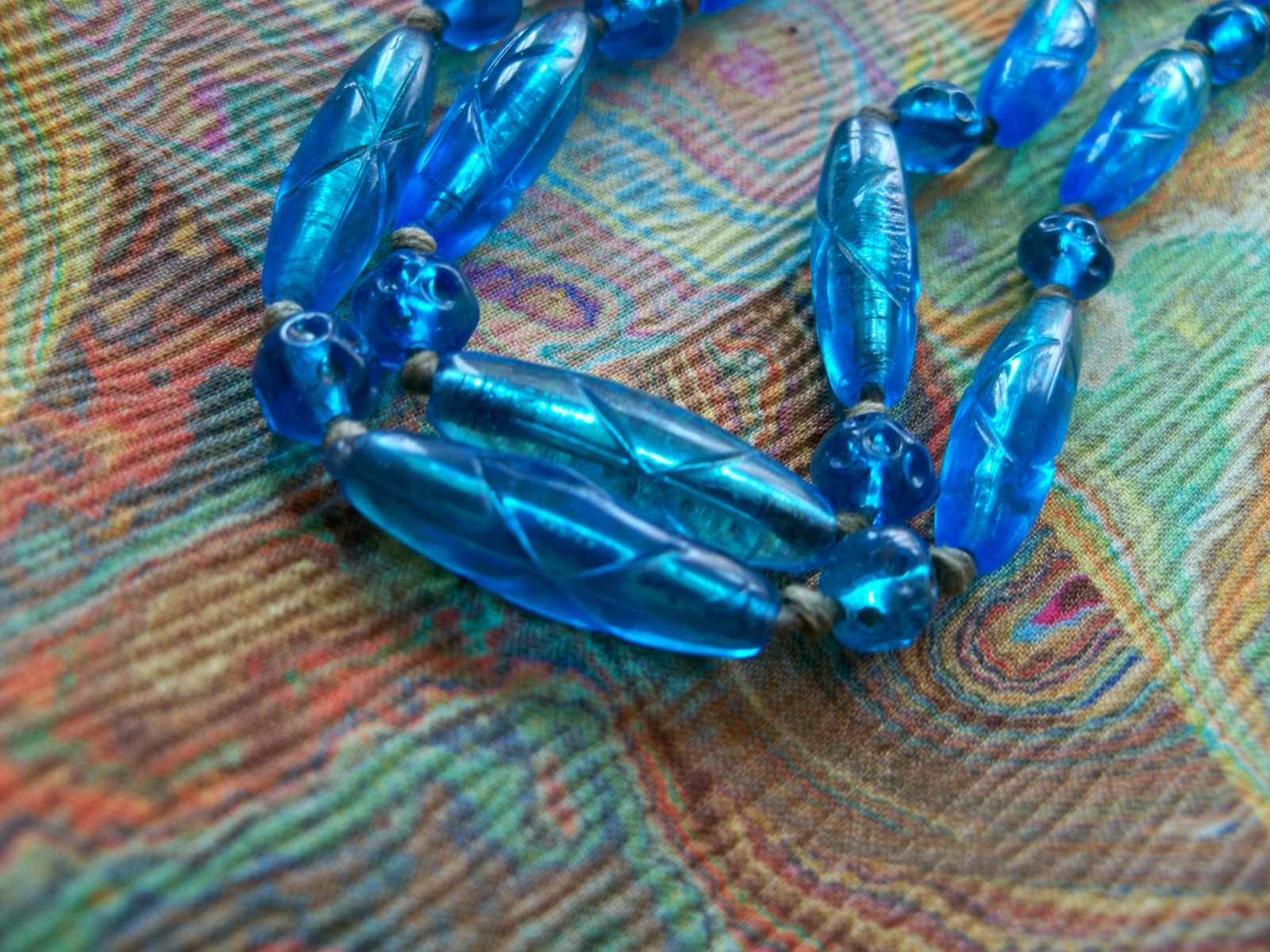 victorian vintage 20s DECO NECKLACE blue GLASS BEAD 50″ LONG egyptian revival