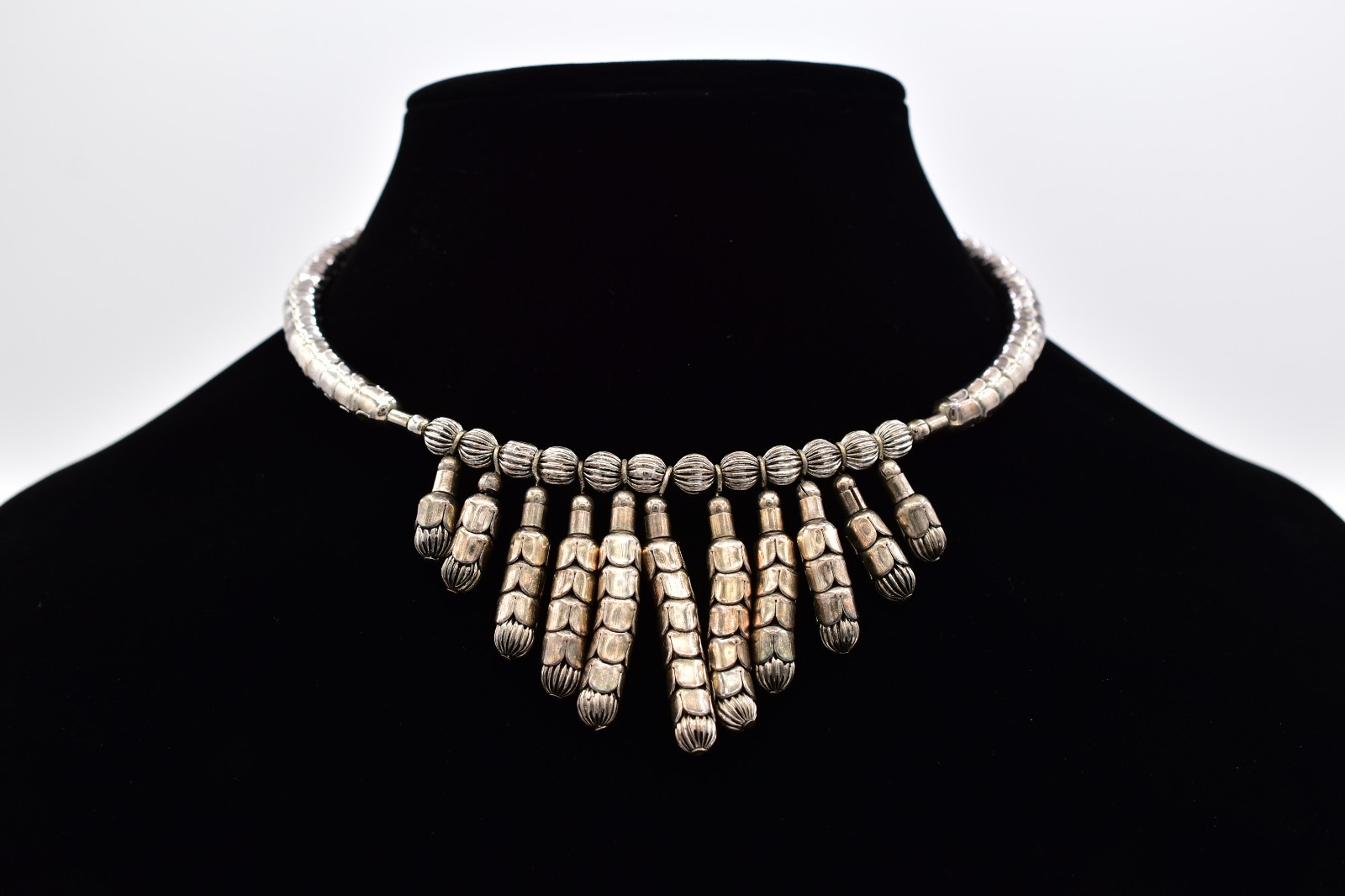 Vintage Silver Choker Fringe Statement Necklace Tribal Dangle Bib 1970s Bin3B