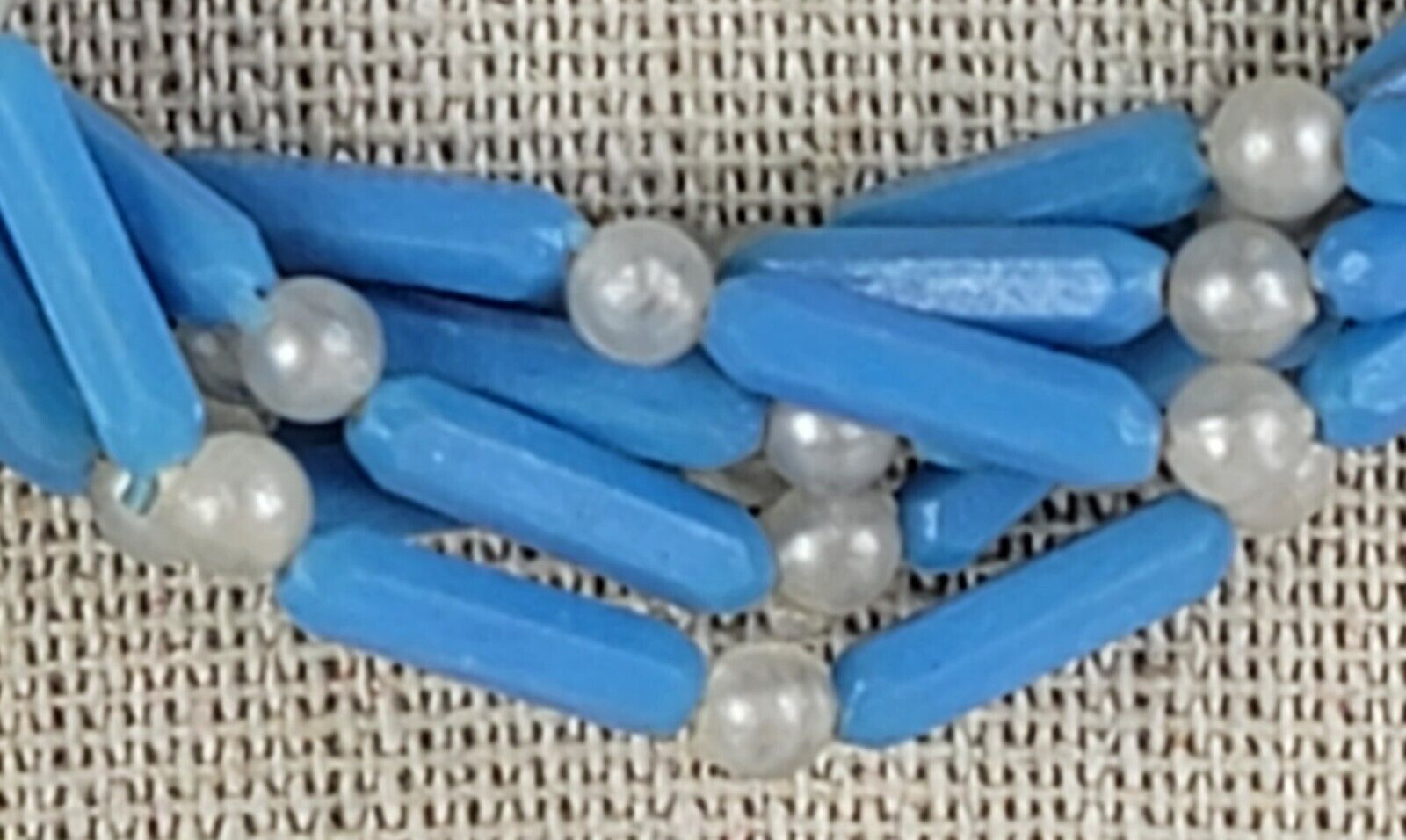 Vintage Hong Kong Blue And White Plastic Beaded Multi Strand Necklace 17.5 in