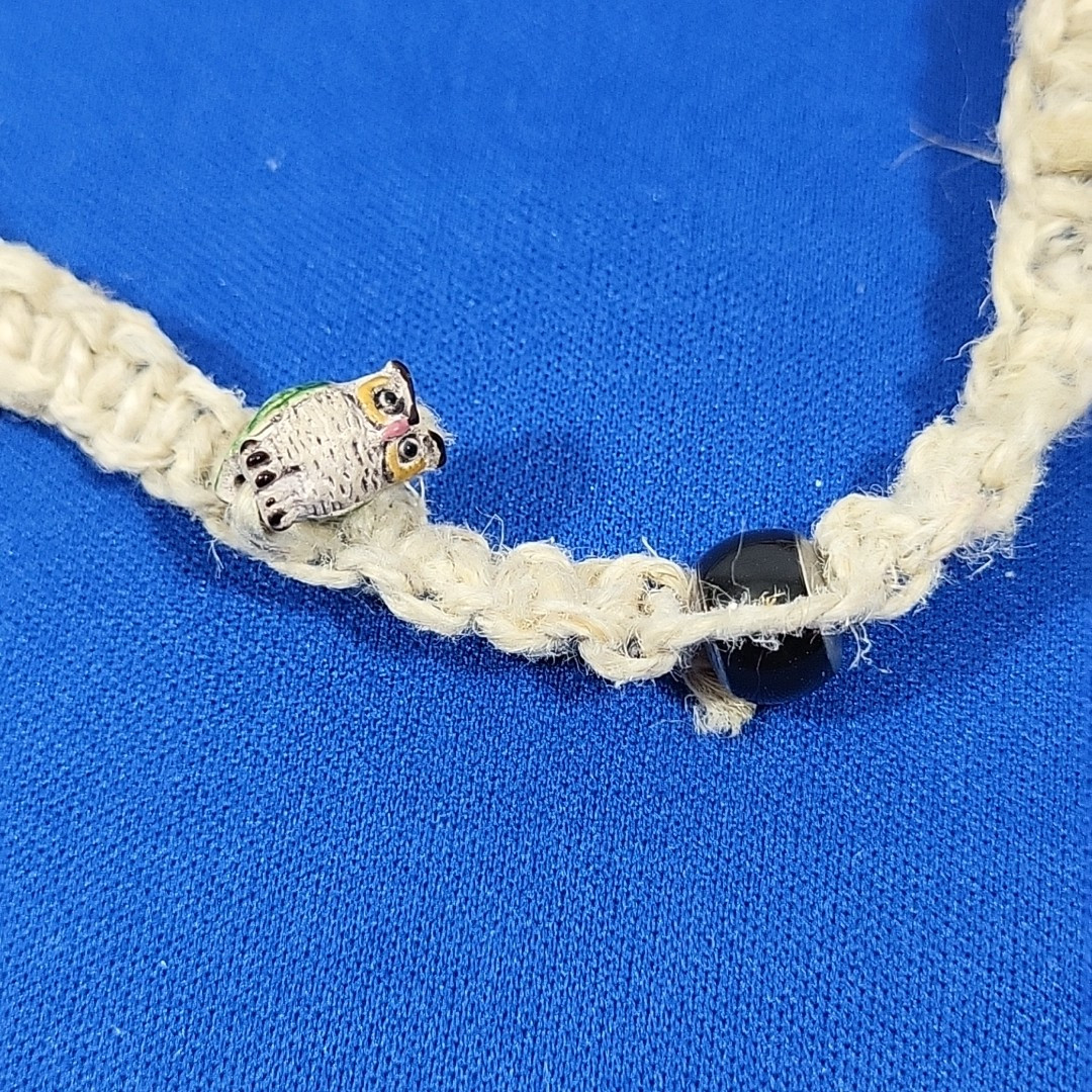 Vintage Y2K Hemp Necklace Owl Themed Beaded Boho Grunge