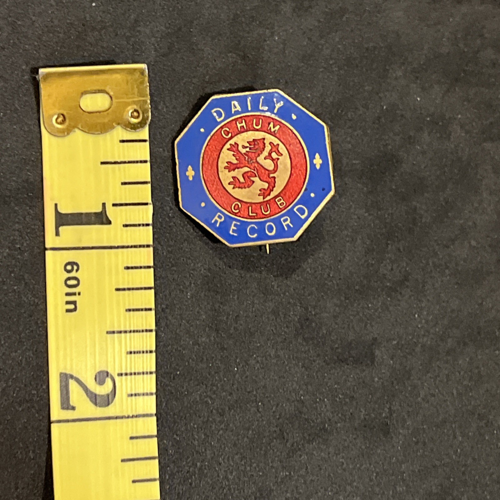 VINTAGE BLUE / RED ENAMEL SCOTTISH DAILY RECORD NEWSPAPER – CHUM CLUB PIN BADGE