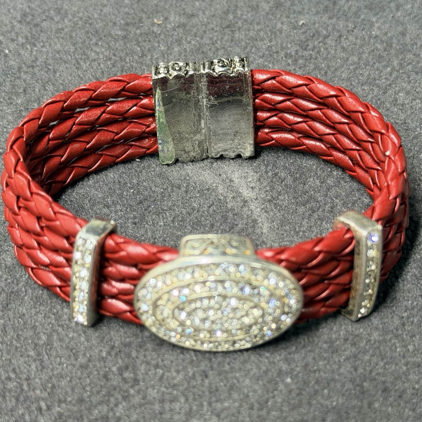 Vintage Red Braided Leather Bracelet Rhinestone Crystal Magnetic Clasp Boho