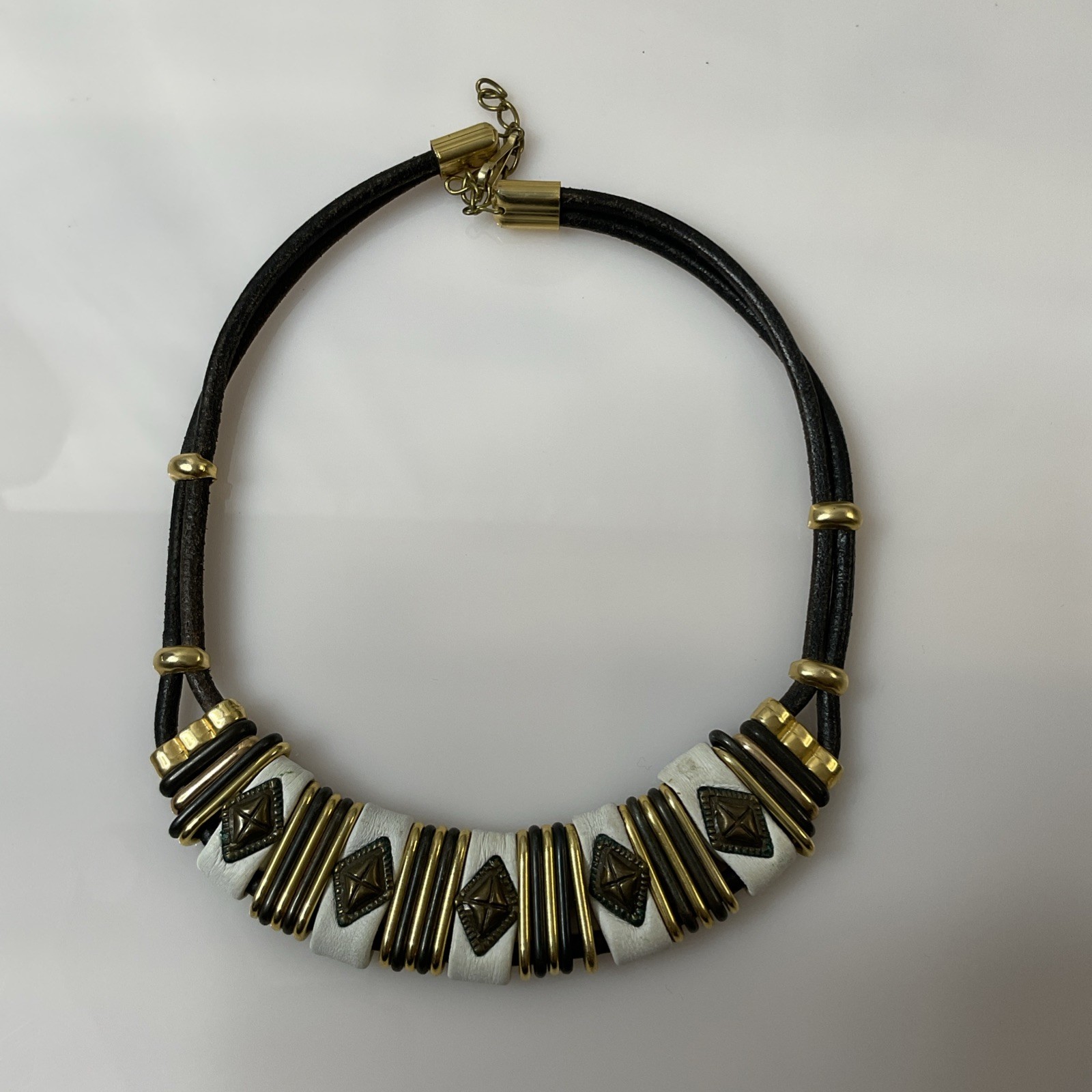 Artisan Vintage Choker Black Leather Cord Mixed Metals Design Necklace