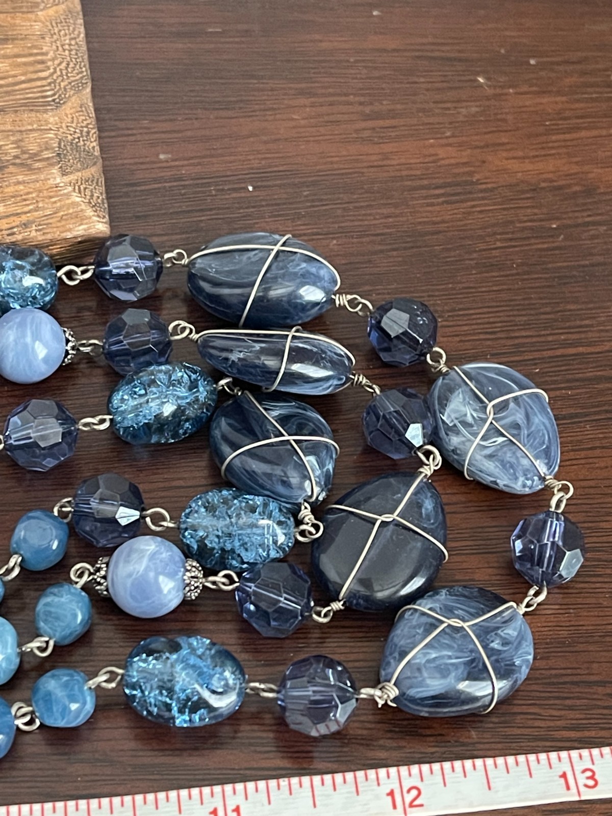 Multi Strand Necklace Blue Acrylic Wire Wrapped Beaded Accented Silver Tone Boho