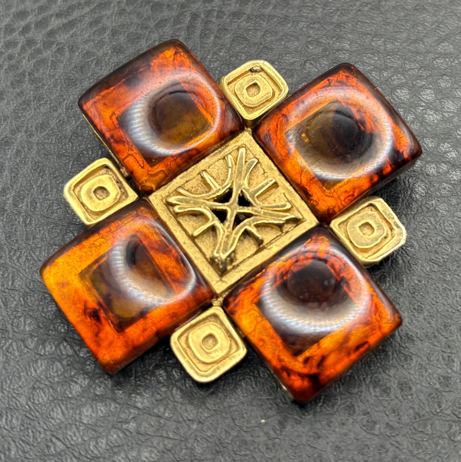 Vintage HUGE 80s Gold Tone Faux Amber Maltese Cross Brooch Pin Statement Piece