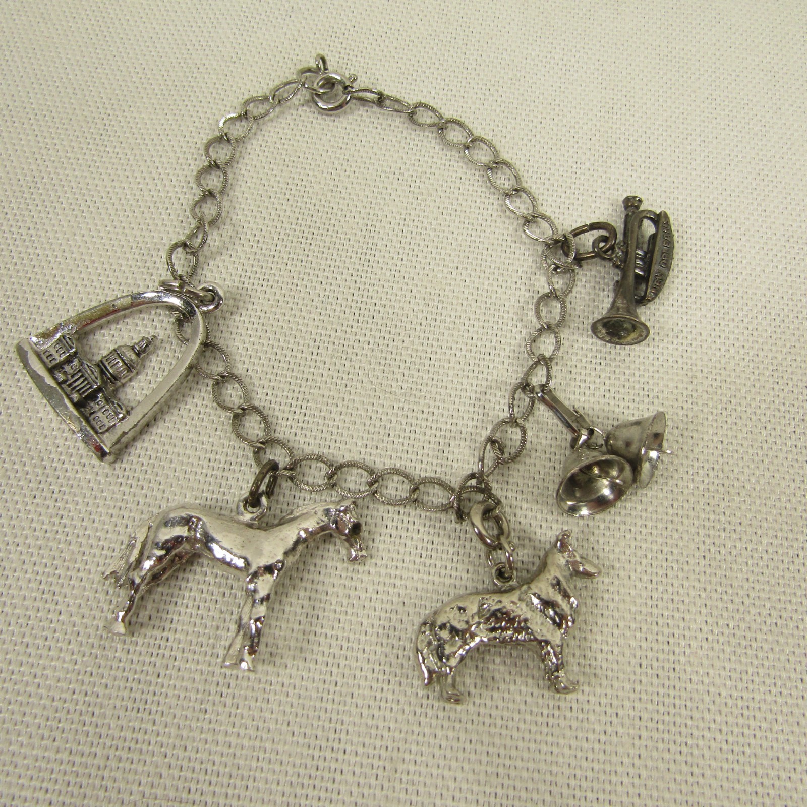 Vintage New Orleans Charm Bracelet Trumpet Horse Collie Arch Bells