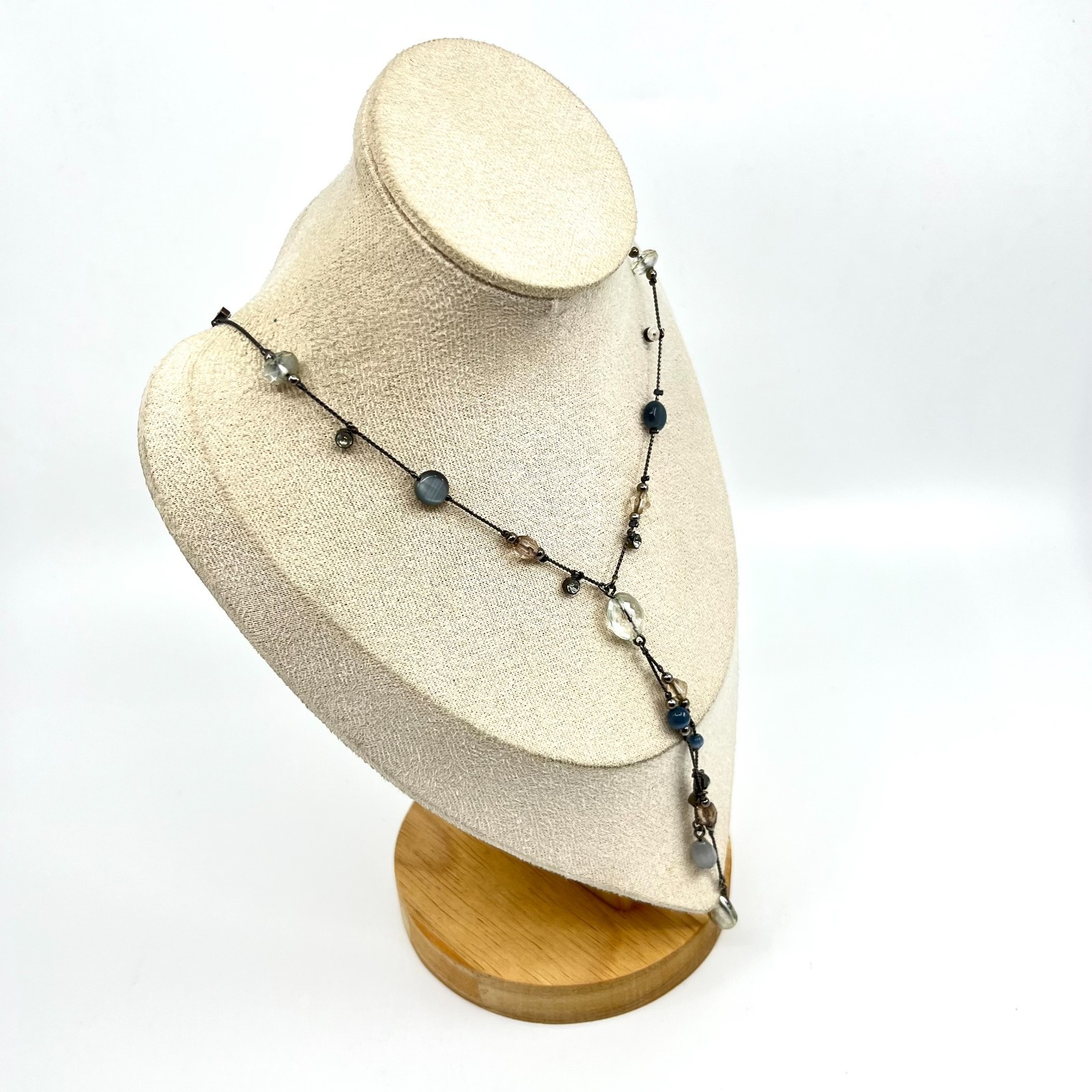 Vintage Y2K Gunmetal Blue Beaded Y-Necklace Tassel Drop Boho Aesthetic Classic