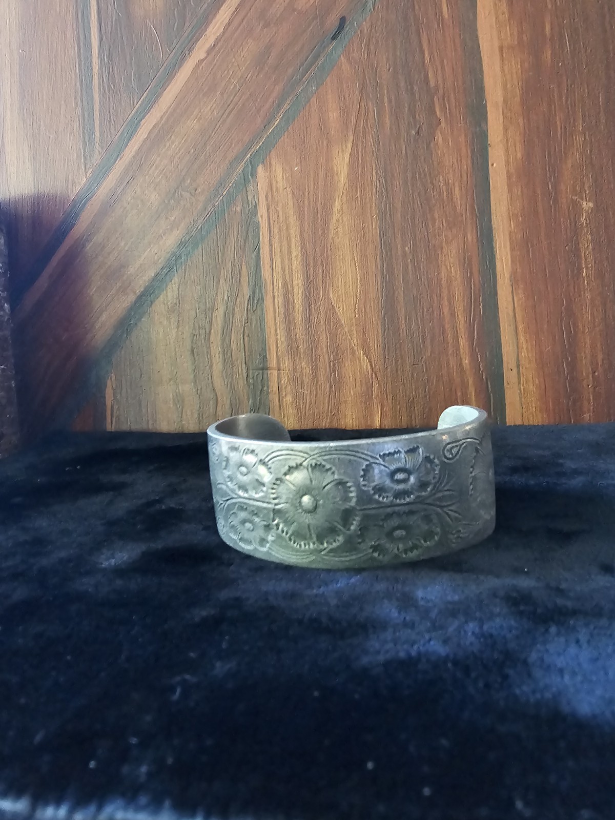 Vtg Salisbury Pewter October Flower of the Month Wide Cuff Bracelet Adjustable