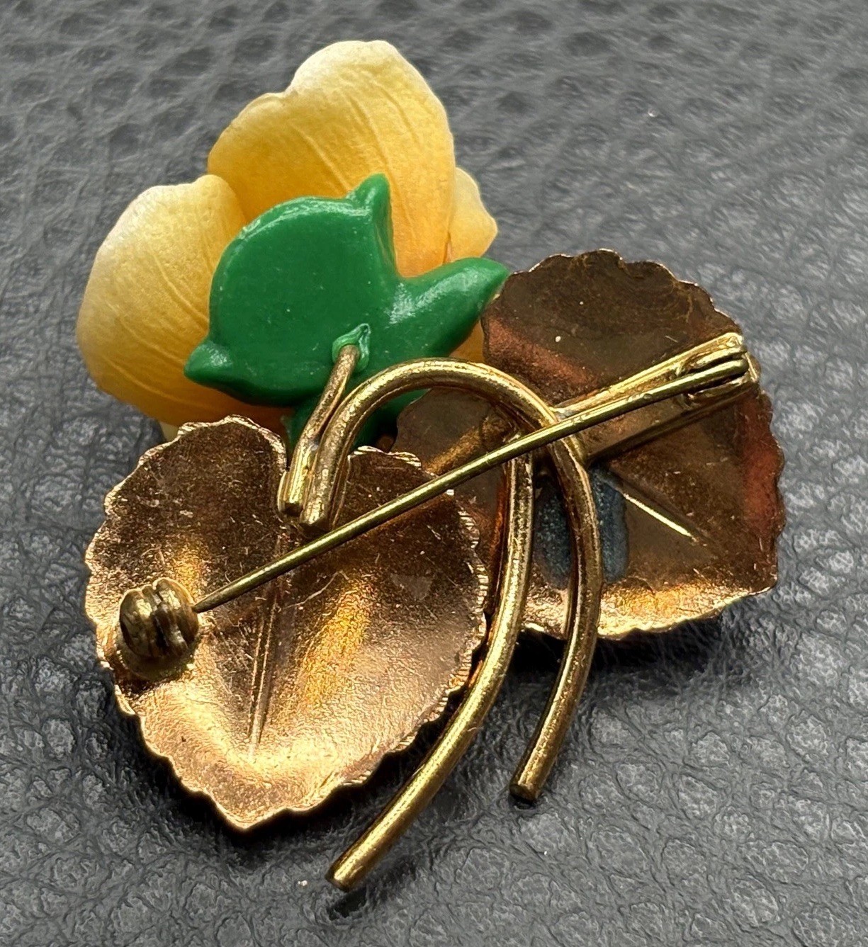 Vintage Yellow Pansy Flower Brooch Rhinestone Green Enamel Leaves Gold Tone Pin