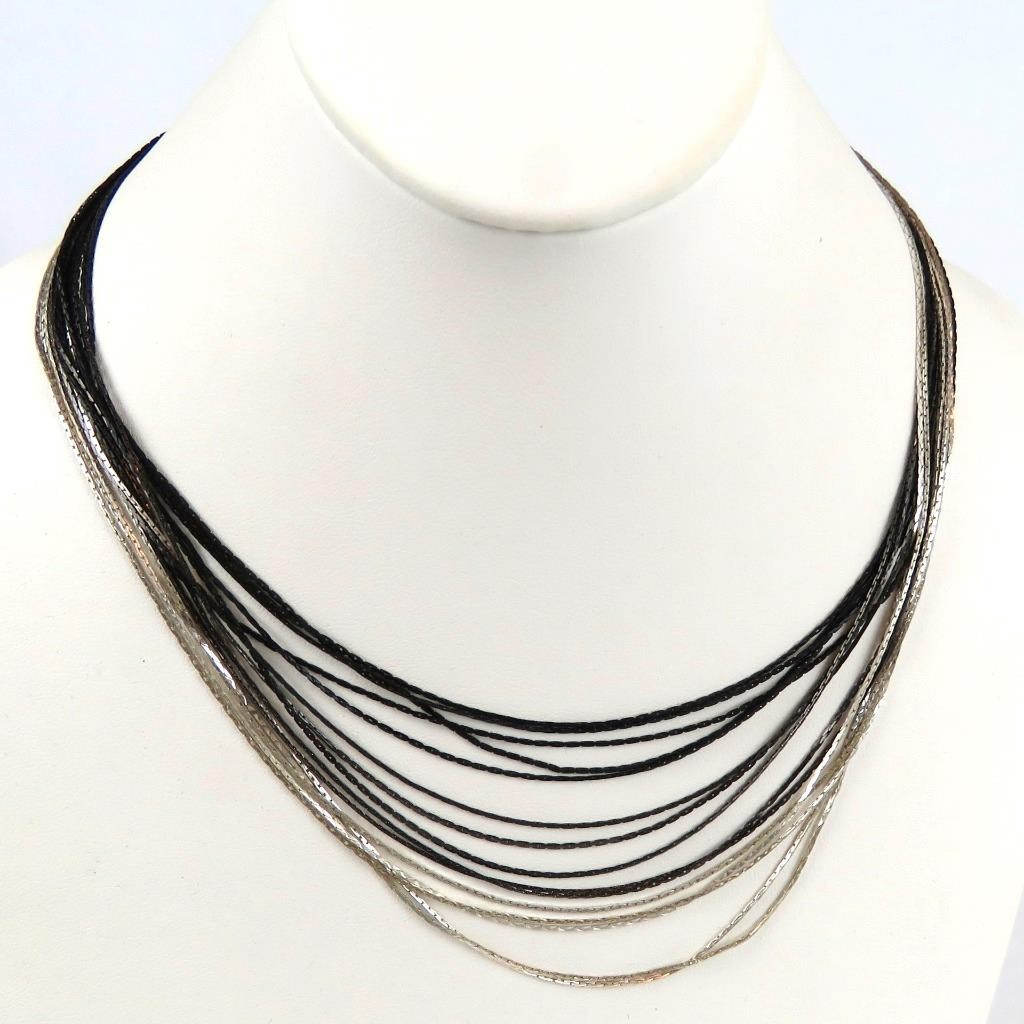 Multi Strand Dark Metal Chain Necklace Black and Silver Tone Fashion Jewelry