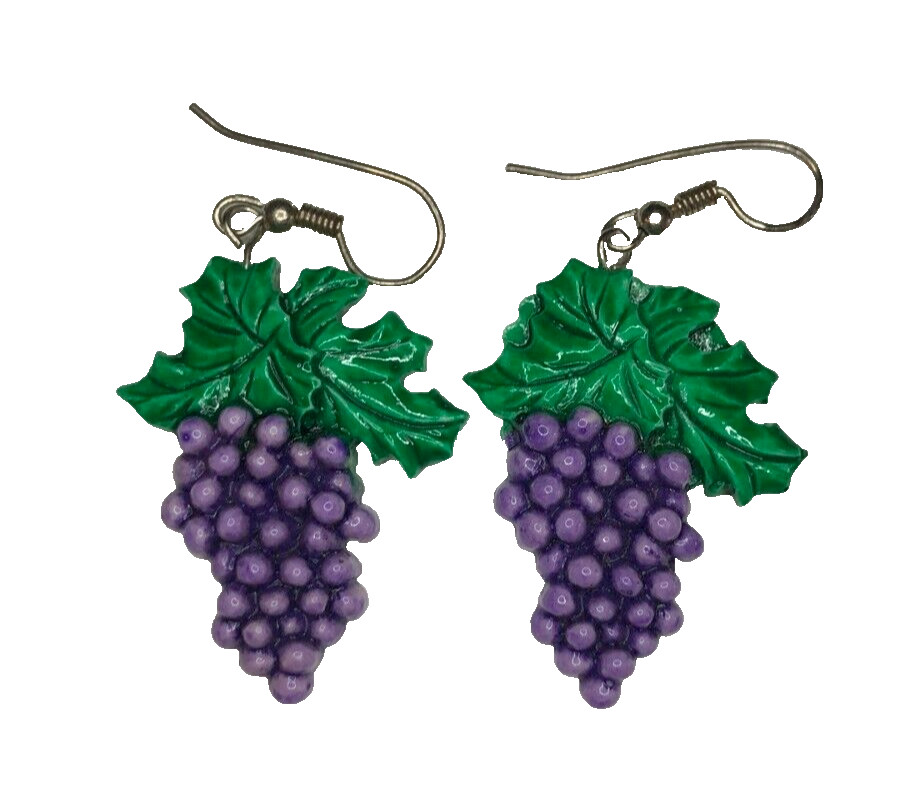 Vintage Bunches of Grapes Statement Dangle Earrings Painted Plastic