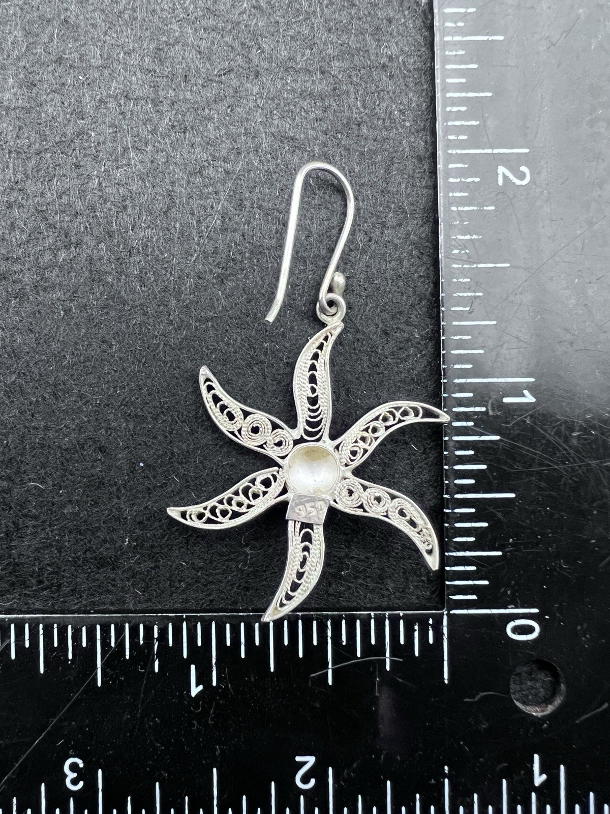 Vintage 950 Silver Filigree Pinwheel Dangle Earrings Spiral Flower